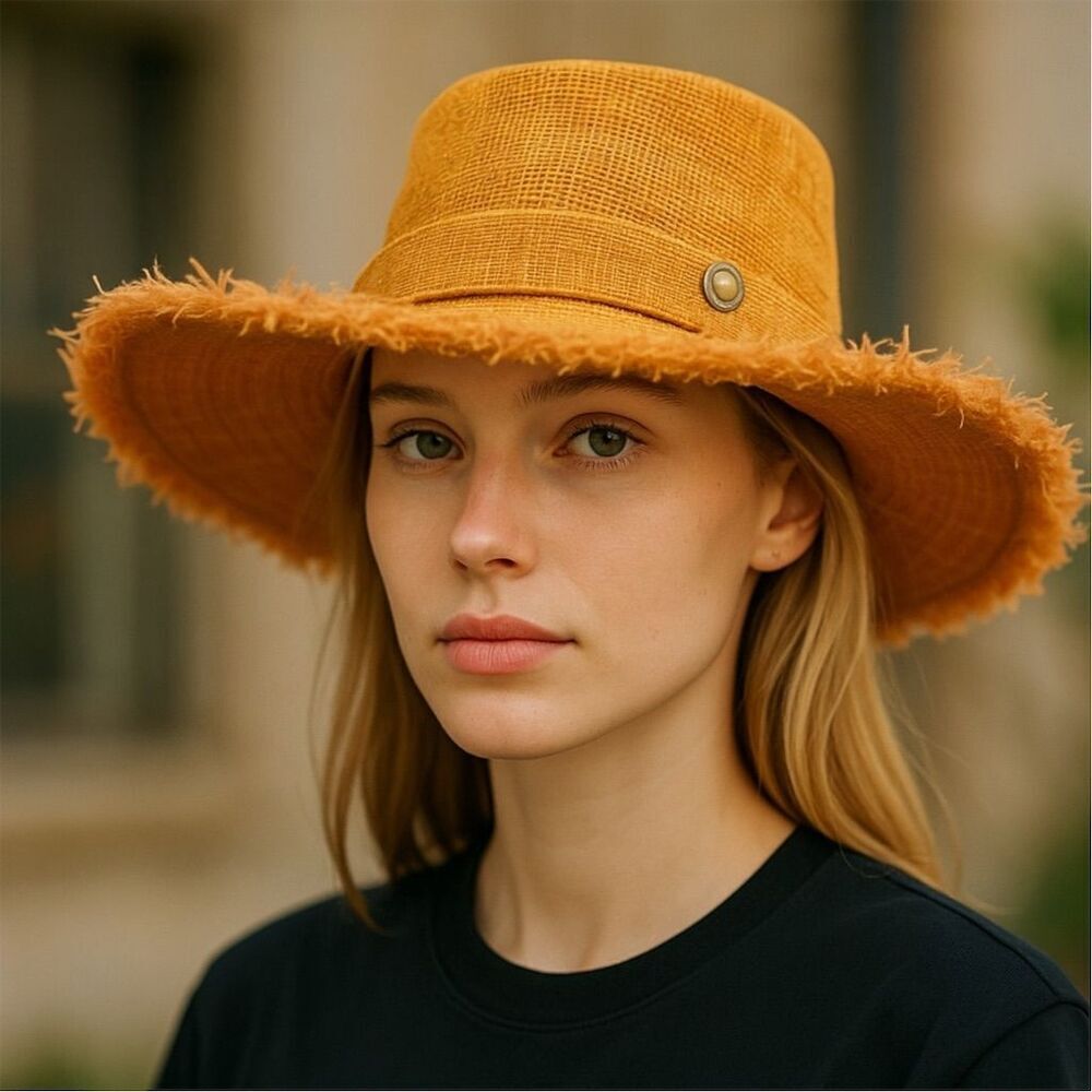 Mossimo Women's Orange Straw Sun Hat Button Frayed Brim